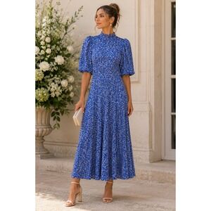 Ghost London Blue White Floral High Mock Neck Keyhole Midi Maxi Tea Dress XS